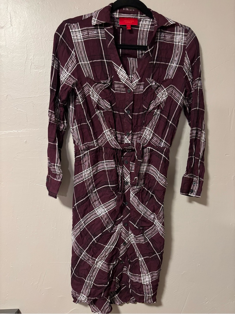 Jennifer Lopez Burgundy Plaid Button-Front Long Sleeve Dress